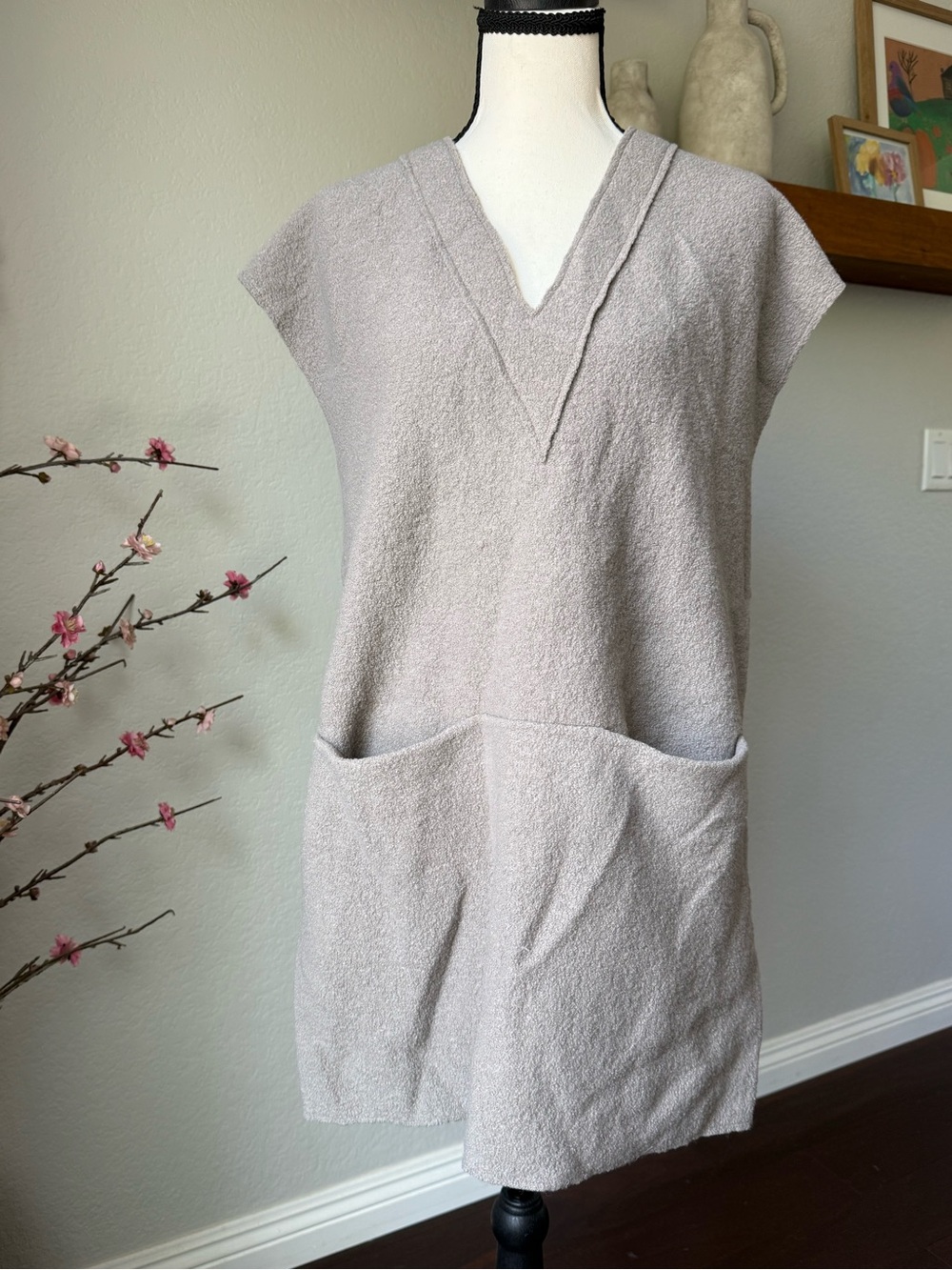 Zara Light Taupe Textured V-Neck Shift Dress